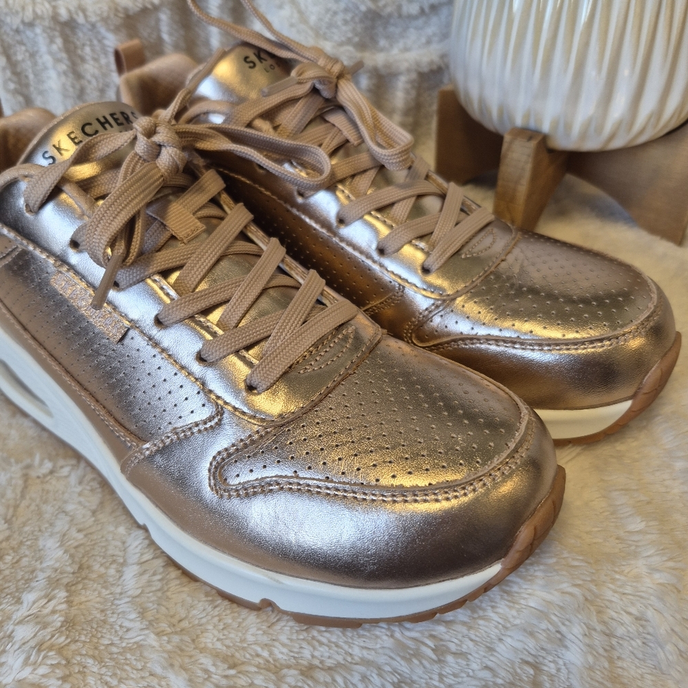 NEW Skechers Uno Metallixs Rose Gold Sneakers Lace Up Memory Foam Women's Sz 10 - Picture 3 of 14